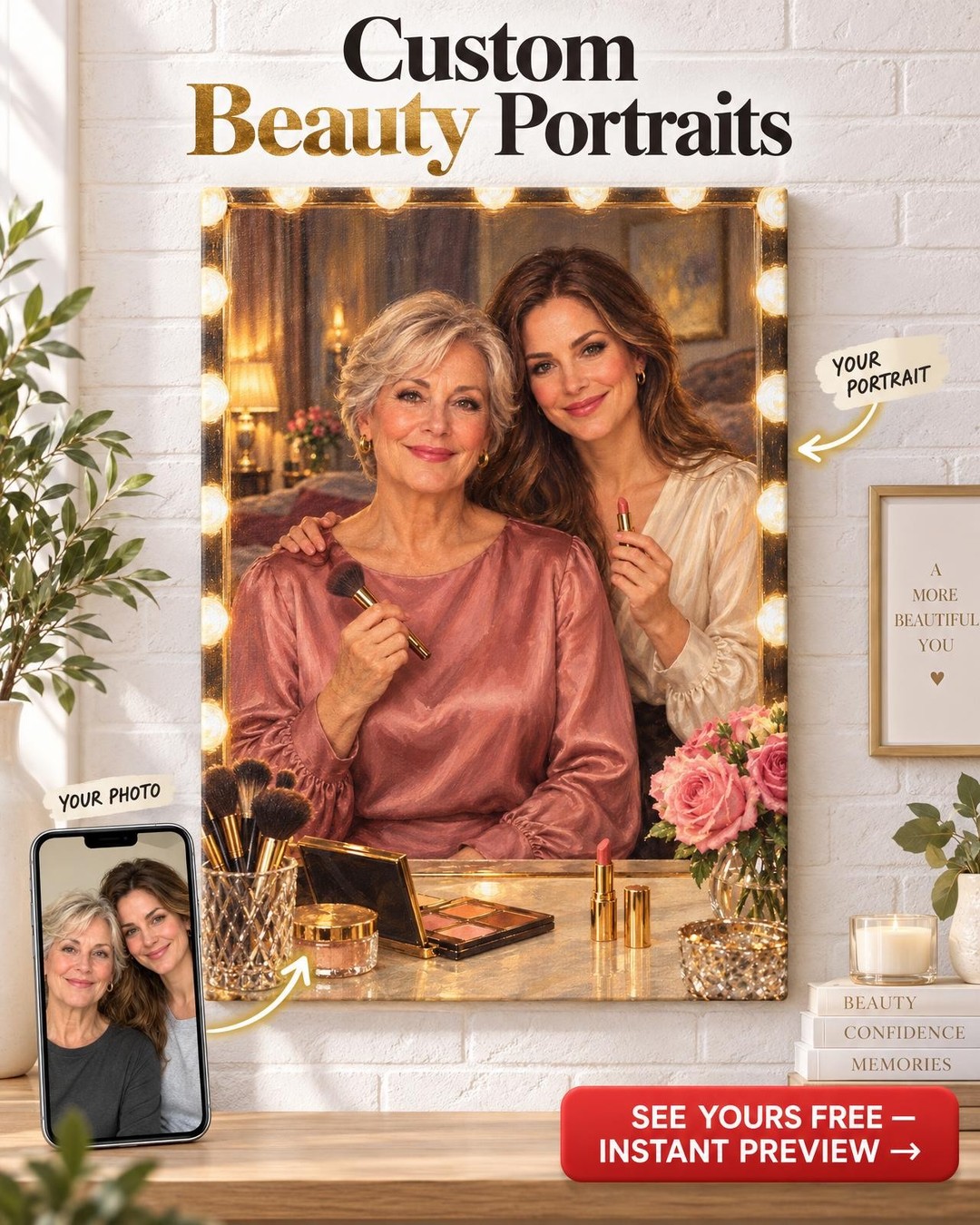 Mother and Daughter Vanity Custom Portrait from Photo | Personalized Gift for Her