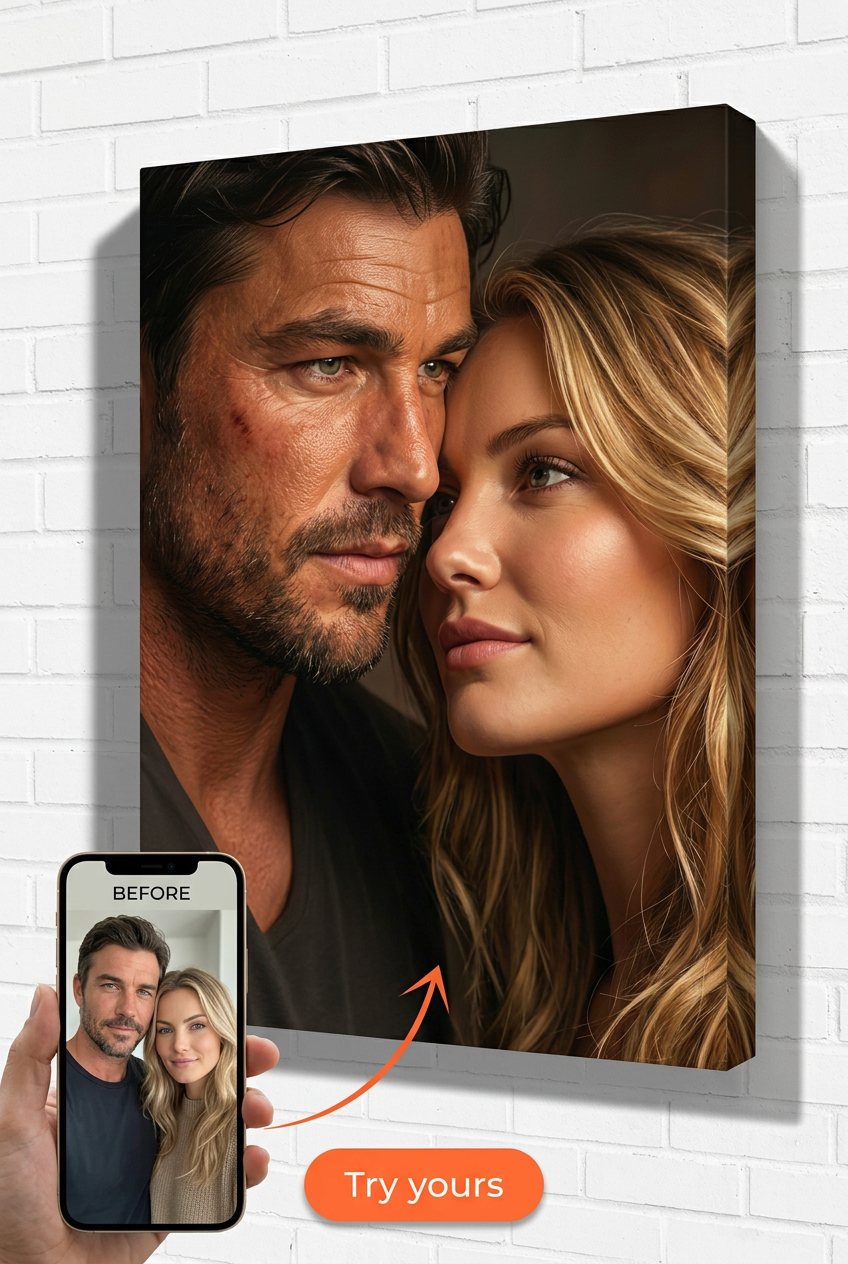 Custom Cowboy Couple Portrait — Romantic Western Canvas from Photo
