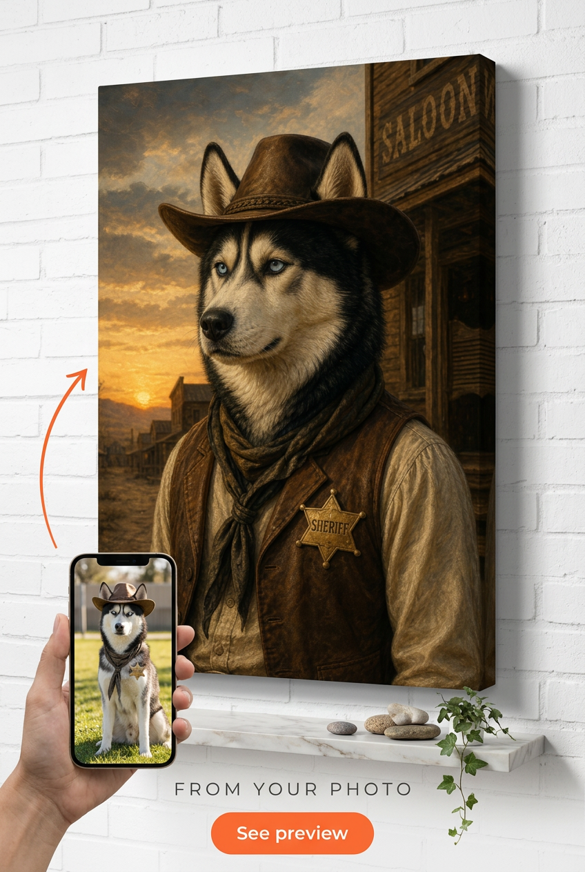 Custom Cowboy Dog Portrait — Heroic Western Canvas from Photo