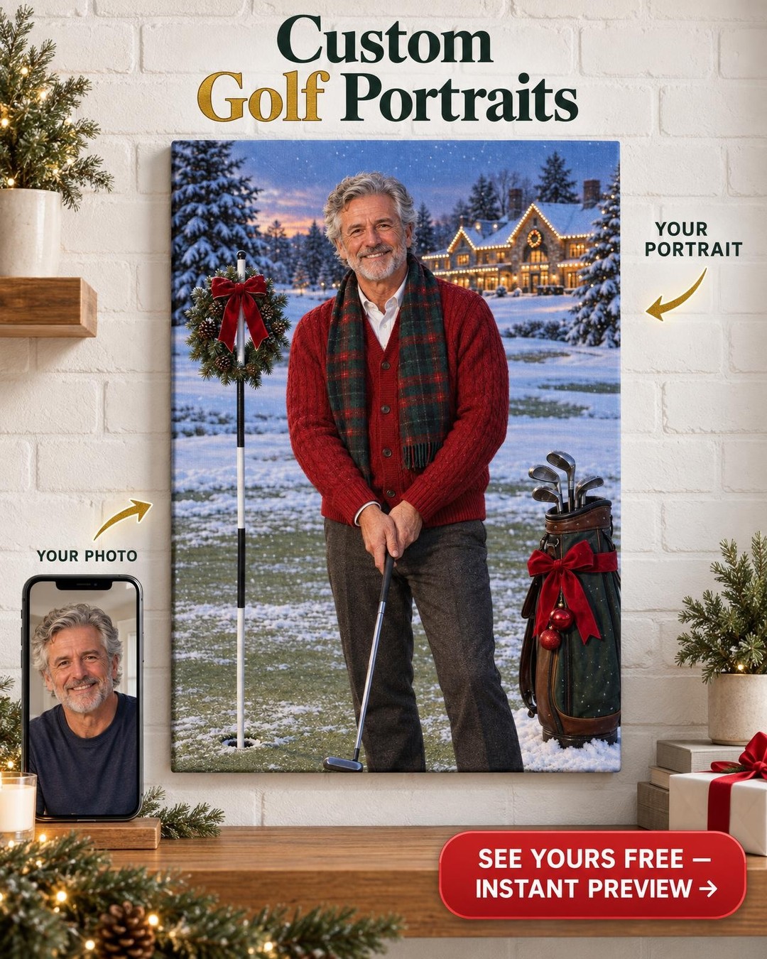 Christmas Golfer Custom Portrait from Photo | Personalized Golf Portrait Gift