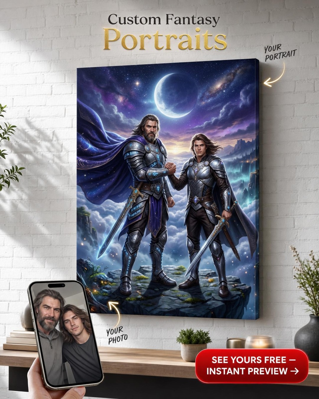 Custom Fantasy Single-Man Portrait — Heroic Warrior Canvas from Photo