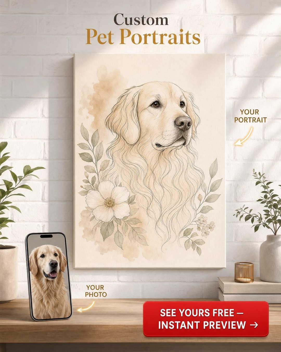 Minimalist Line Art Pet Canvas Custom Portrait from Photo | Personalized Gift