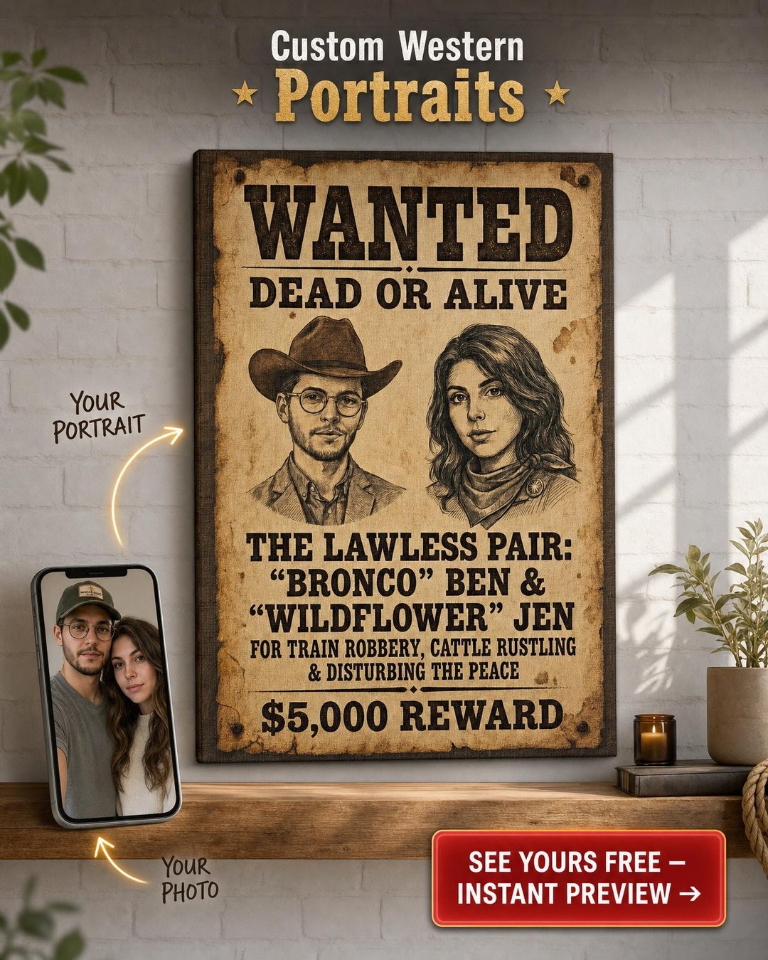 Custom Wanted Poster — Classic Outlaw Vintage Canvas