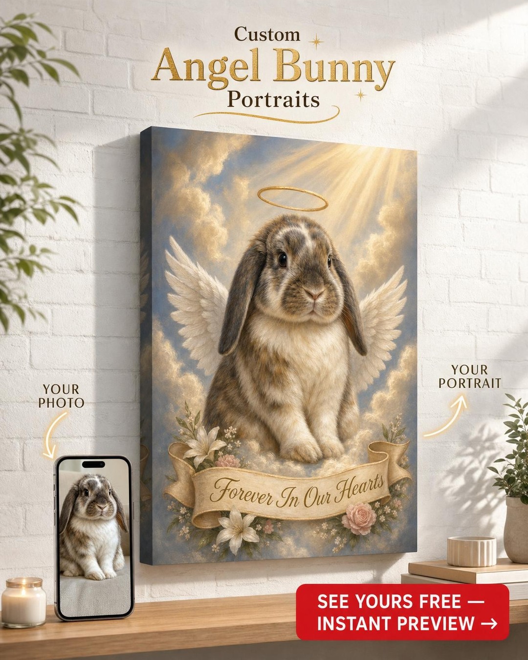 Custom Memorial Cat Portrait — Angel Wings Canvas from Photo