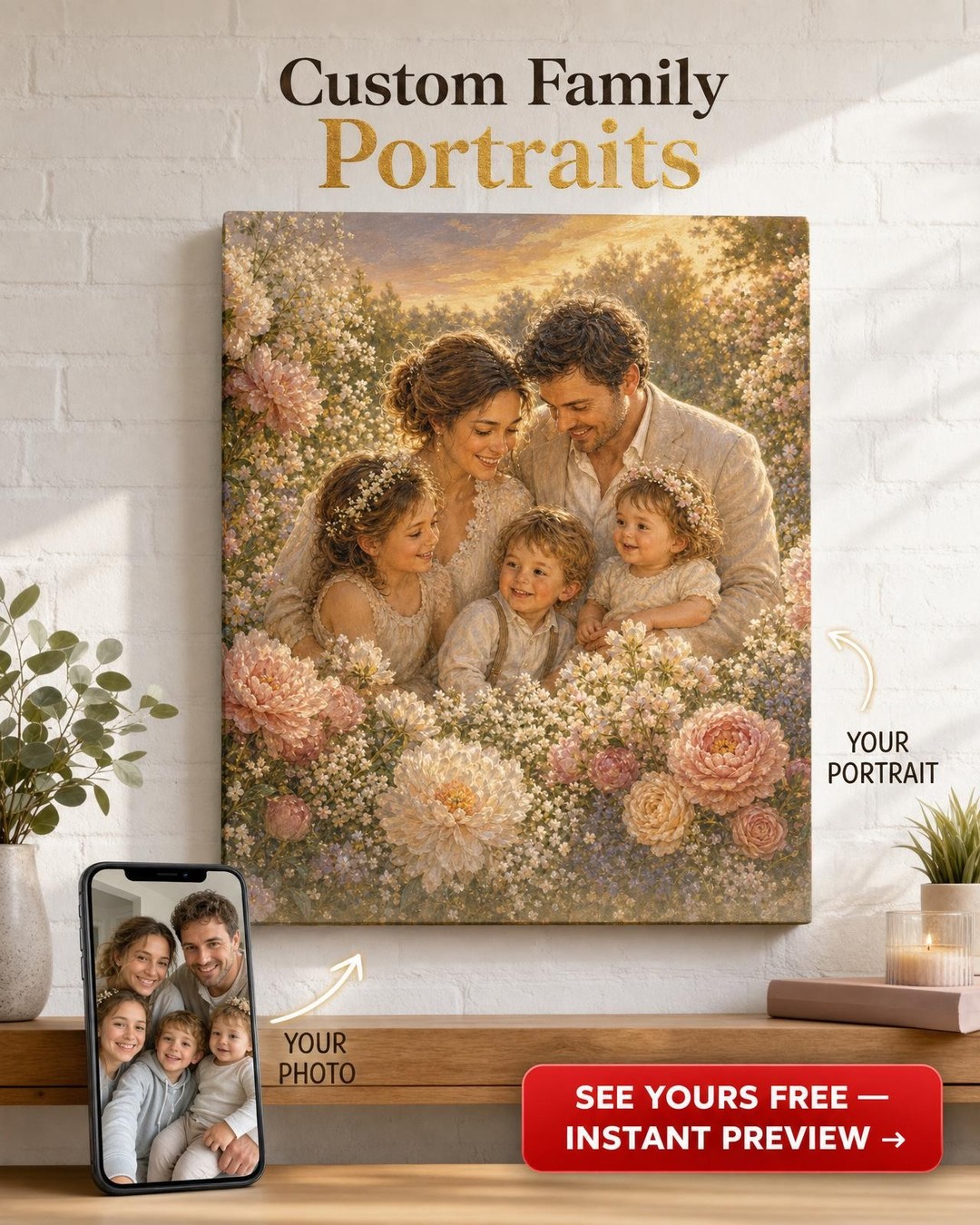 Custom Floral Family Portrait — Whimsical AI Art from Photo
