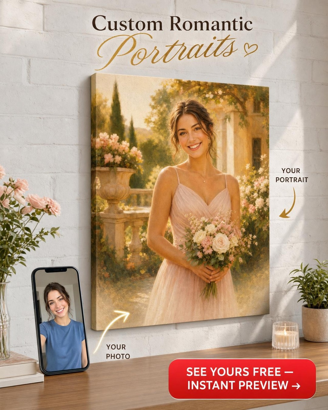Bridesmaid Gift — Elegant Floral Portrait Canvas from Photo