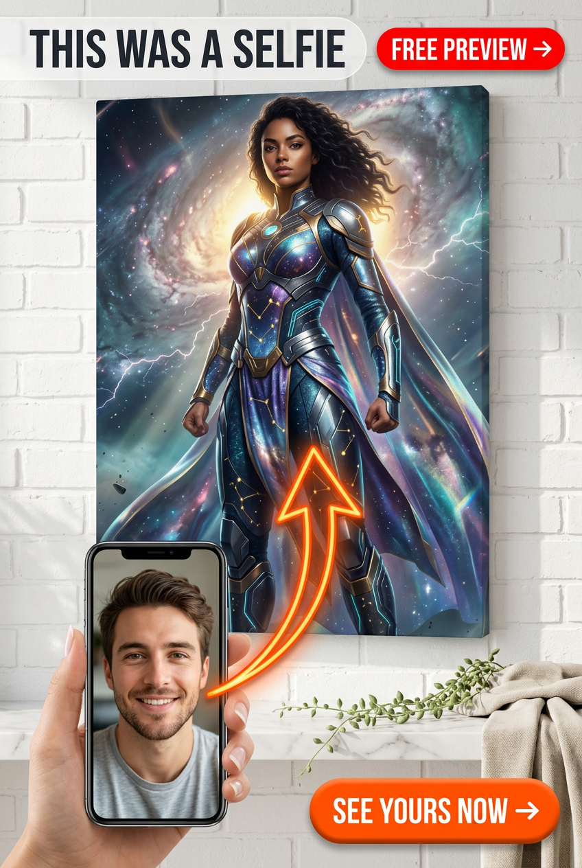 Custom Superhero Man Portrait — Heroic Galaxy Canvas from Photo
