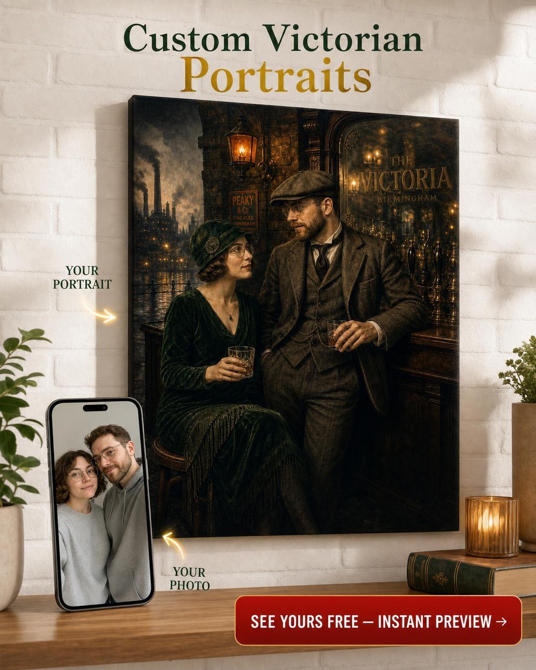 Custom 1920s Pub Bar Couple Portrait — AI-regenerated portrait personalized with