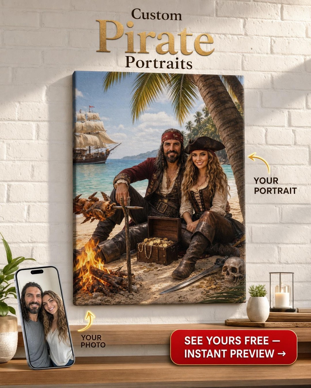 An enchanting costume portrait featuring a couple immersed in a thrilling pirate