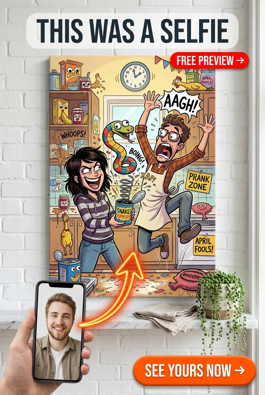 Custom Cartoon Couple Portrait — Whimsical Kitchen Chaos Canvas