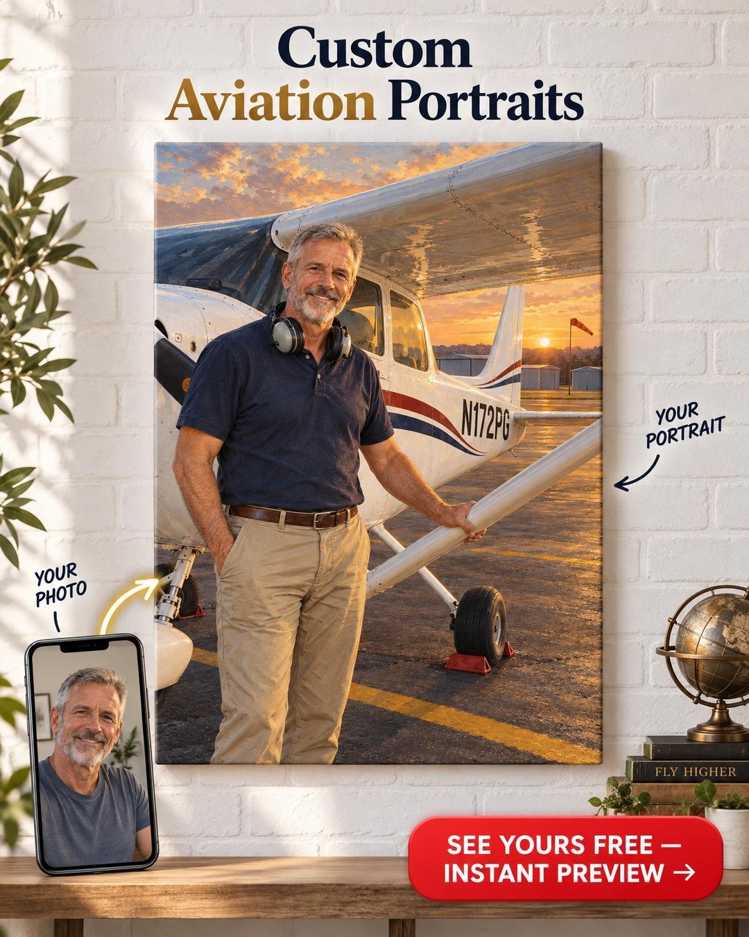 Pilot with His Airplane Custom Portrait from Photo | Personalized Pilot Gift