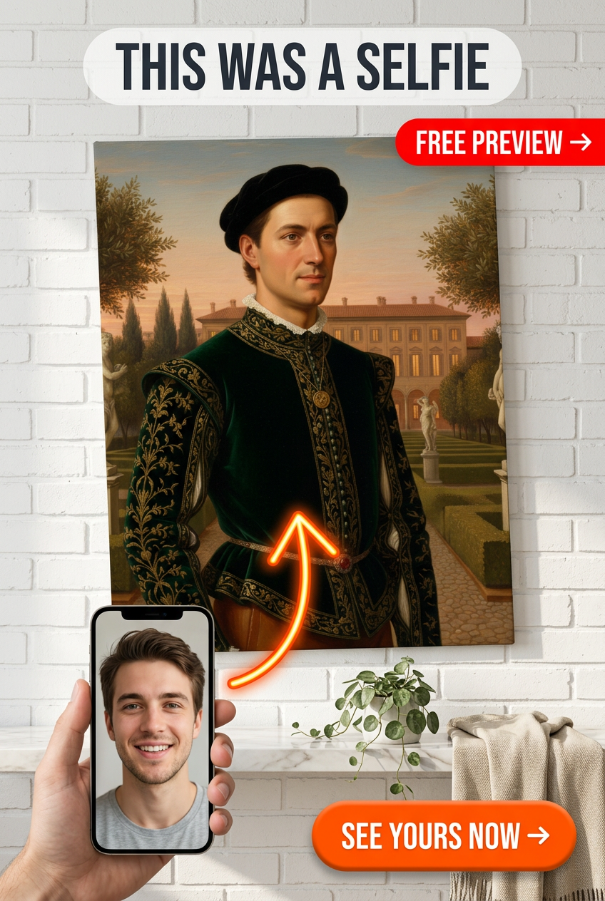Custom Renaissance Man Portrait — Regal Green Velvet Canvas