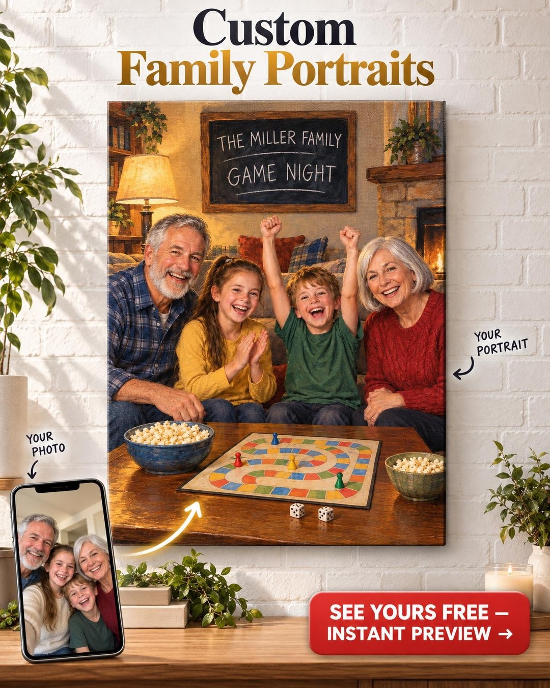 Family Game Night Custom Portrait from Photo | Personalized Game Night Gift