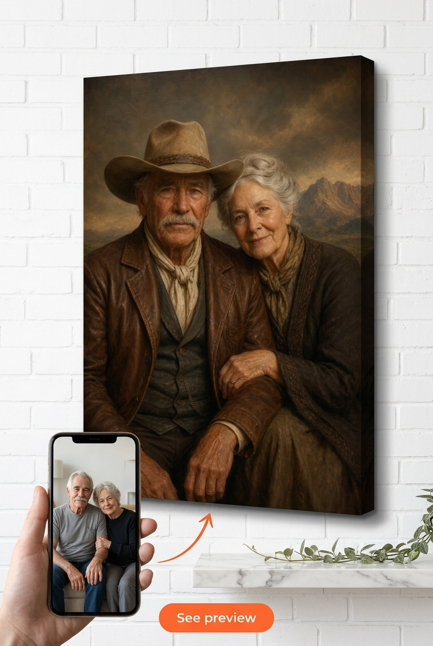 Custom Cowboy Couple Portrait — Personalized Canvas from Photo