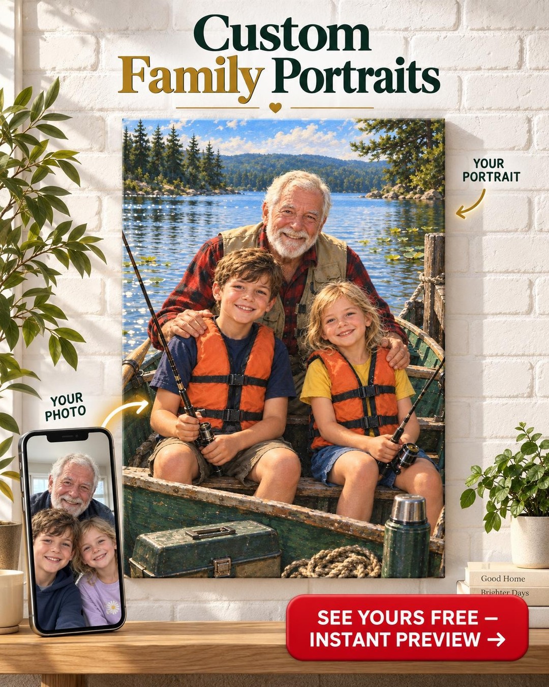 Grandpa and Grandkids Fishing Custom Portrait from Photo | Personalized Fishing Together Gift