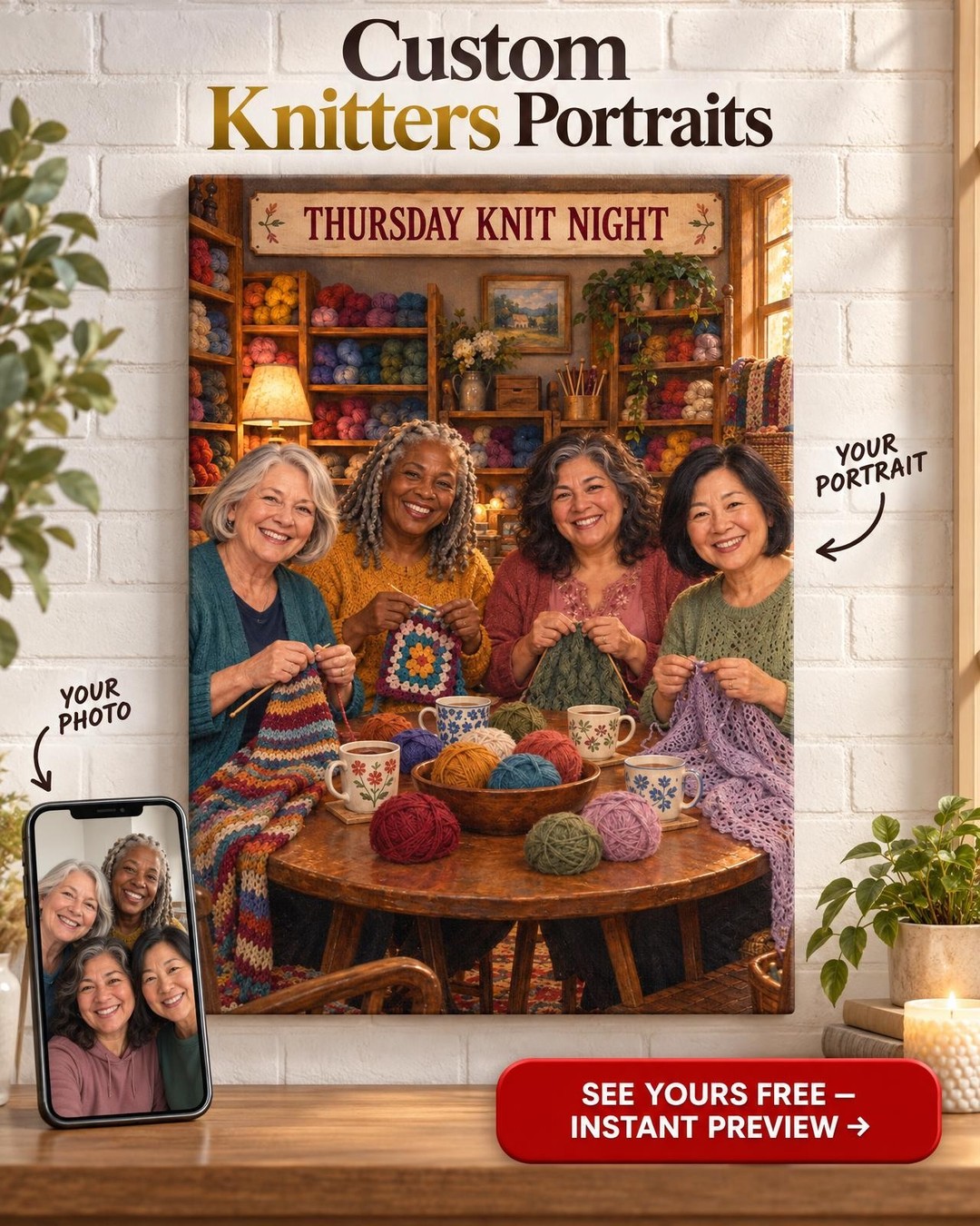 Our Knitting Circle Custom Portrait from Photo | Personalized Yarn Craft Gift