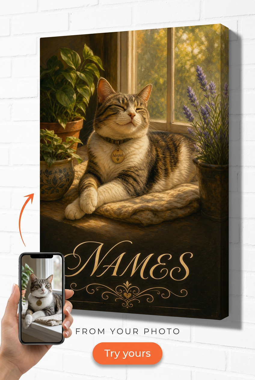 Rescue Cat Forever Home Gift — Cozy Cat Portrait Canvas from Photo