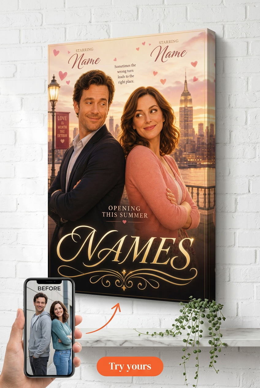 Custom Movie Poster Couple Portrait — Action Hero Style Canvas from Photo