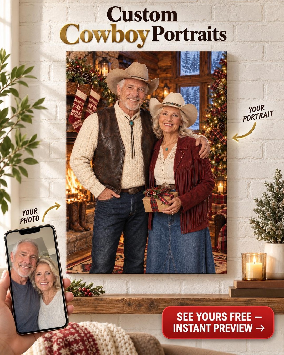 Custom Western Christmas Couple Portrait — Log Cabin Fireplace with Stockings, Canvas from Photo