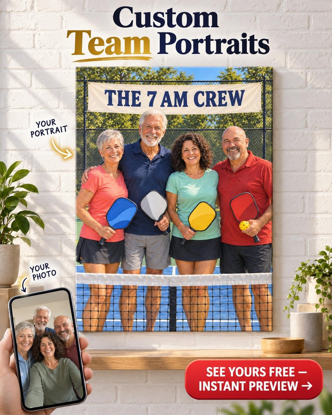 Pickleball Group Custom Portrait from Photo | Personalized Pickleball Gift