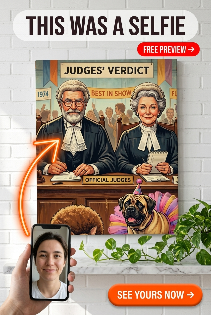 Custom Dog Portrait Canvas — Whimsical Courtroom Judge & Pug Art