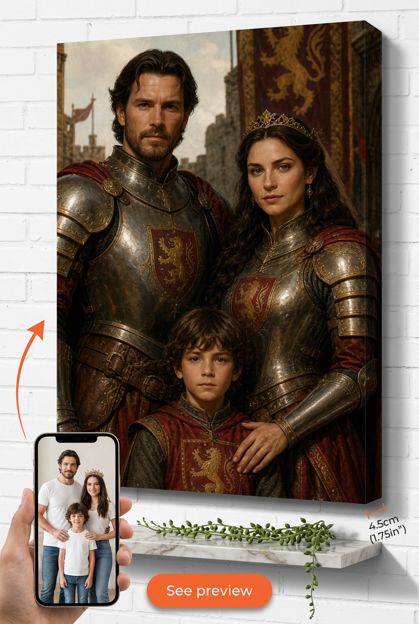 Custom Knight Family Portrait — Regal Armor Canvas from Photo