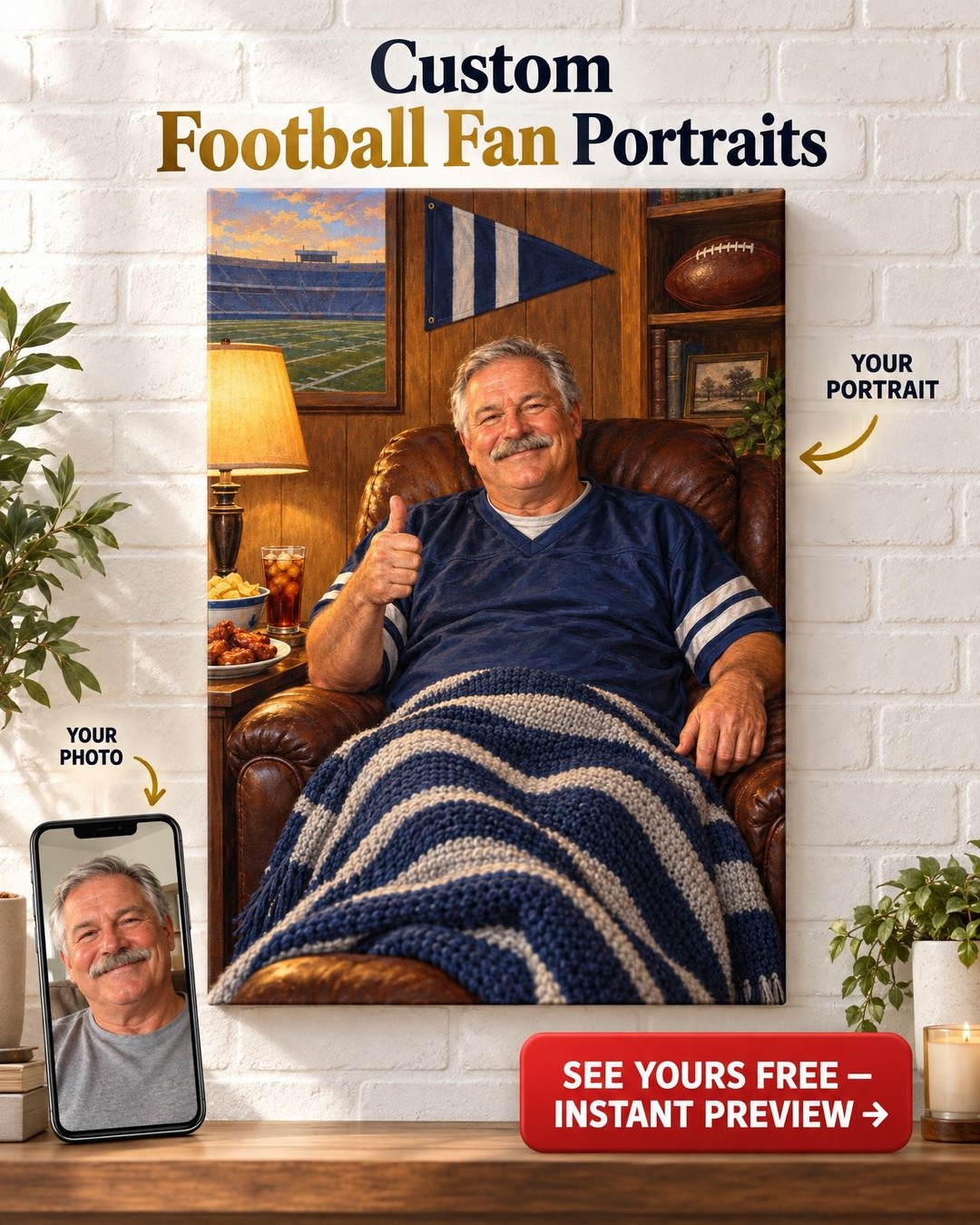 His Sunday Throne Custom Portrait from Photo | Personalized Game Day Gift