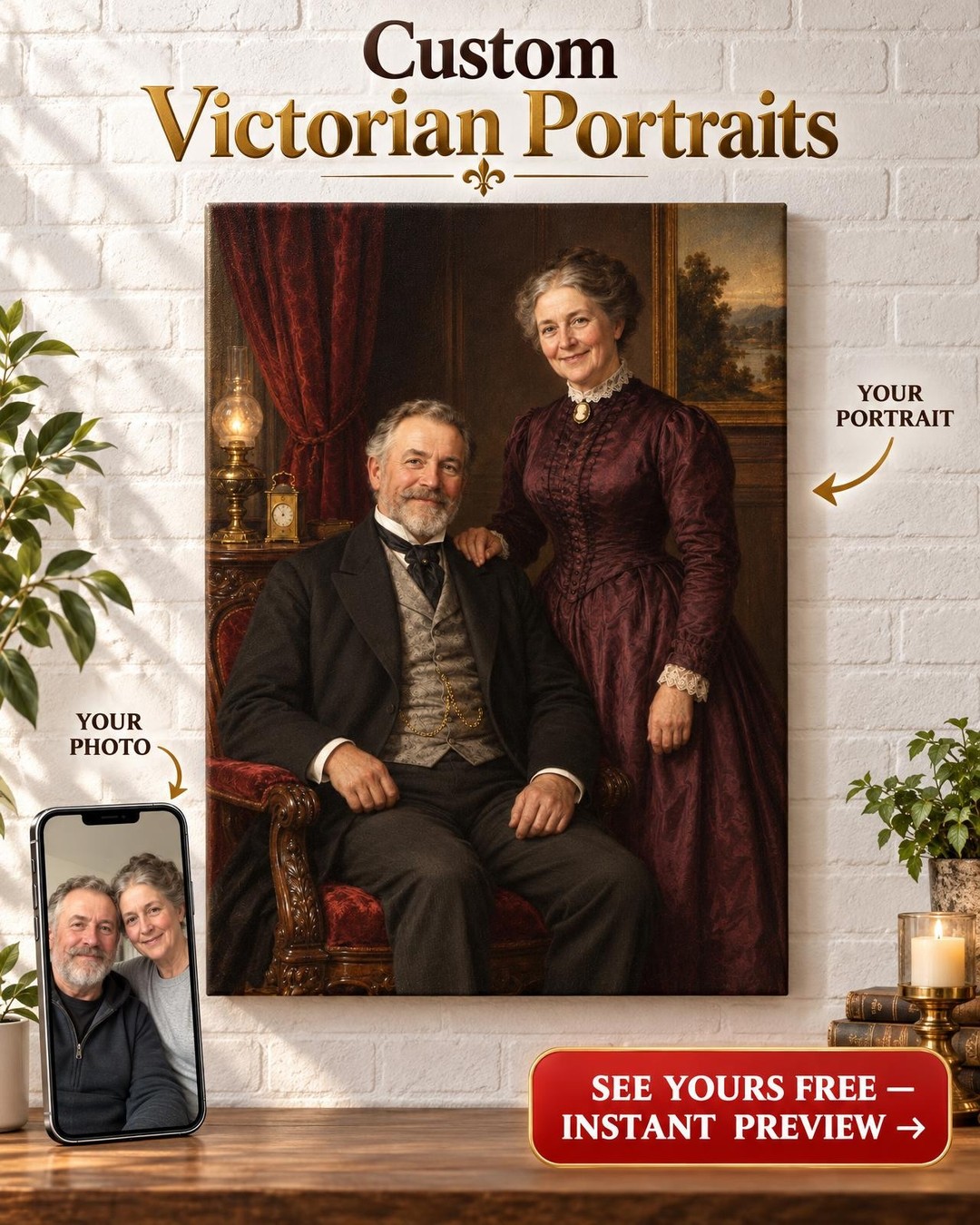 Antique Oil Victorian Custom Portrait from Photo | Personalized Antique Shop Gift