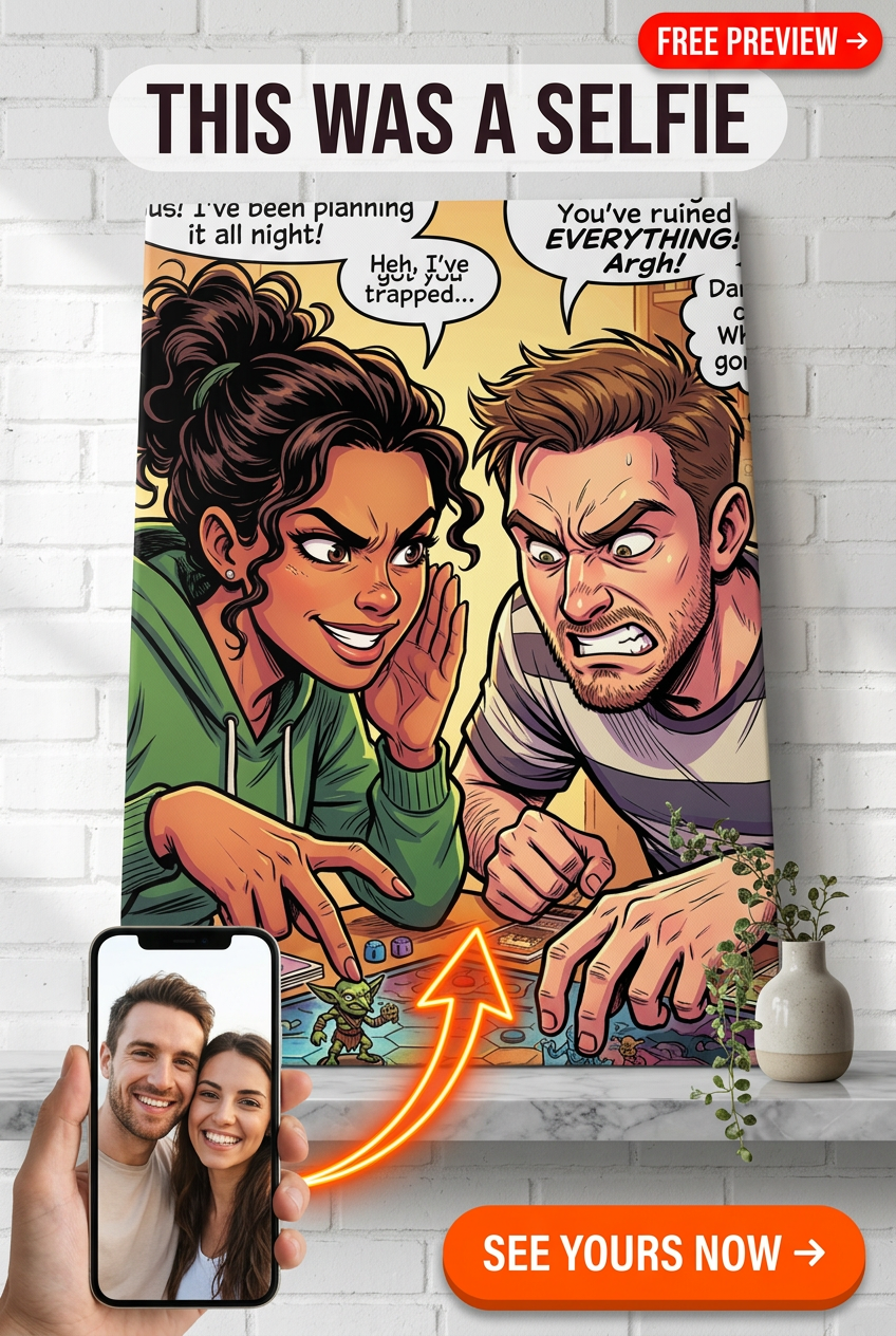 Custom Cartoon Couple Portrait — Whimsical Game Night Canvas