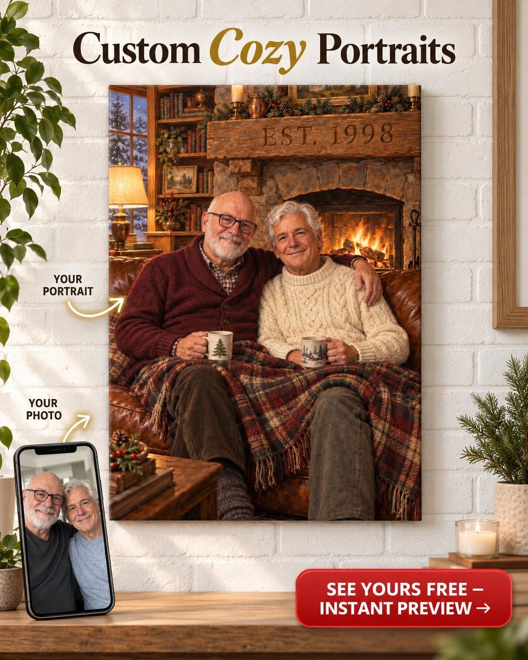Home by the Fire Custom Portrait from Photo | Personalized LGBTQ Couple Gift