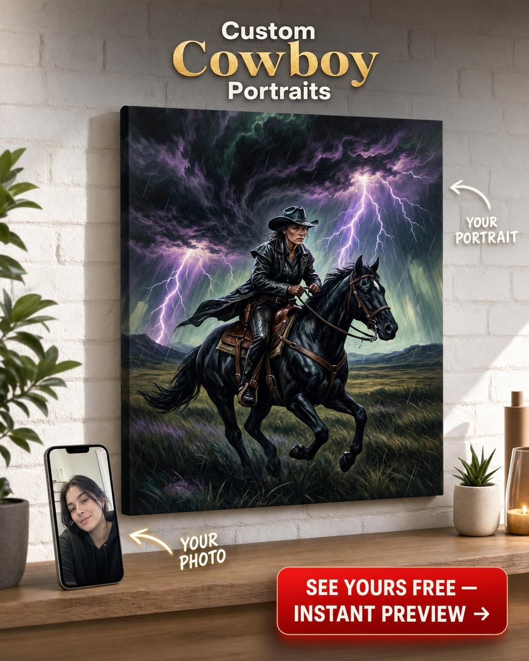Custom Cowboy Man Portrait — Heroic Storm Canvas from Photo
