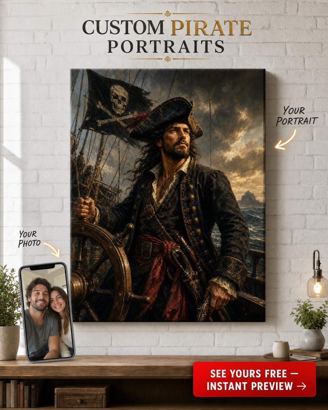 Pirate Captain Custom Portrait from Photo | Personalized Gift for Him
