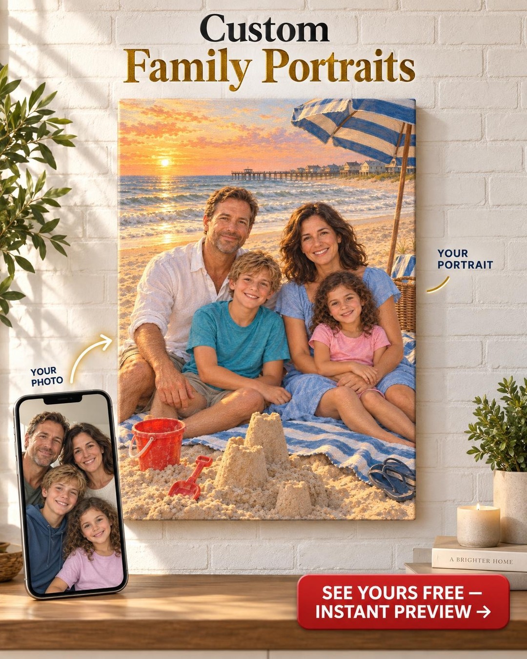 Beach Summer Family Custom Portrait from Photo | Personalized Lake Life Gift