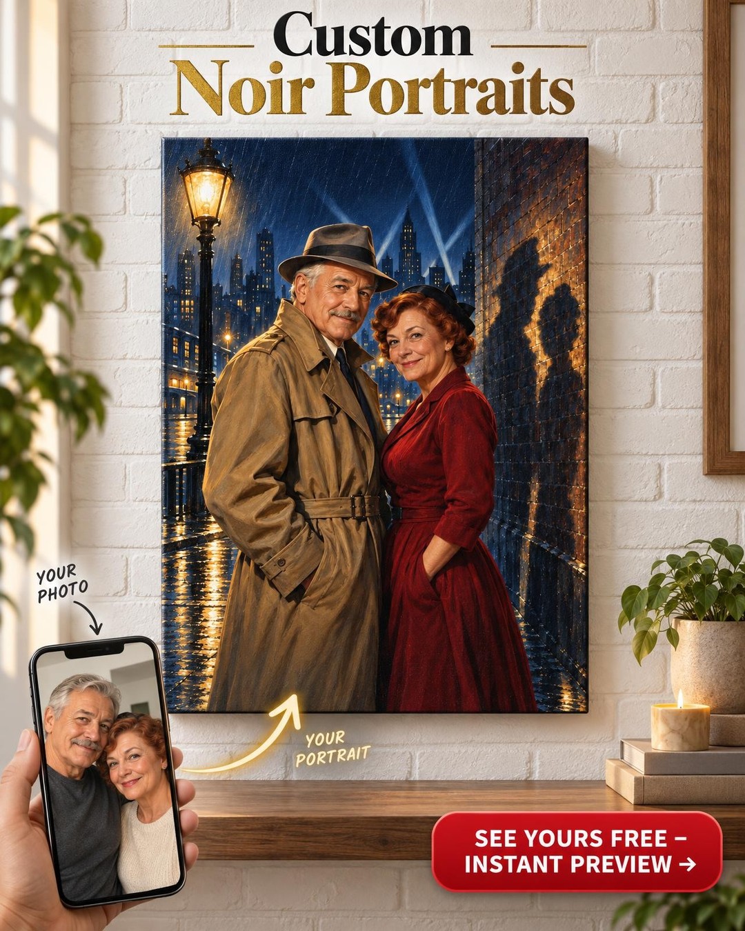 Film Noir Detective Duo Custom Portrait from Photo | Personalized Canvas Gift
