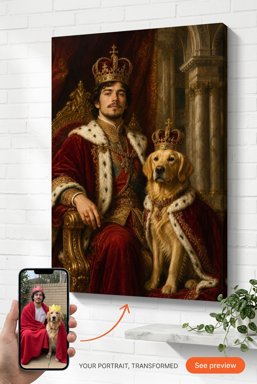 Custom Royal Man & Dog Portrait — Regal Canvas from Photo