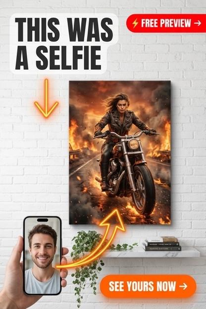 Custom Fantasy Man Portrait — Heroic Motorcycle Fire Canvas
