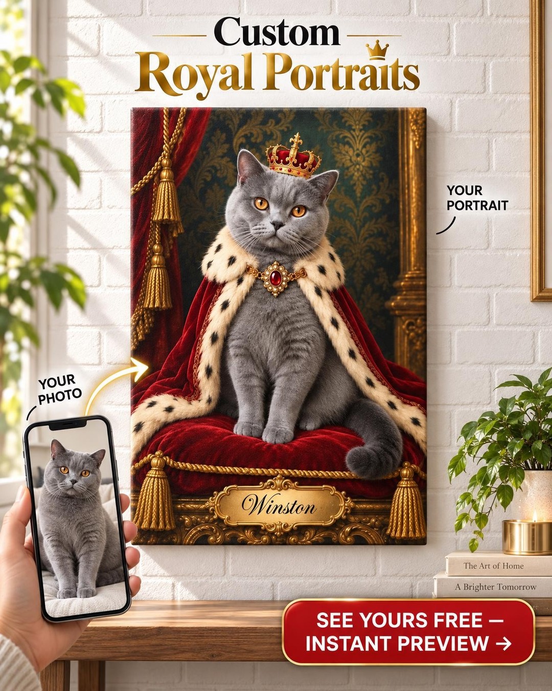 Royal Cat Memorial Portrait Custom Portrait from Photo | Personalized Cat Memorial Gift