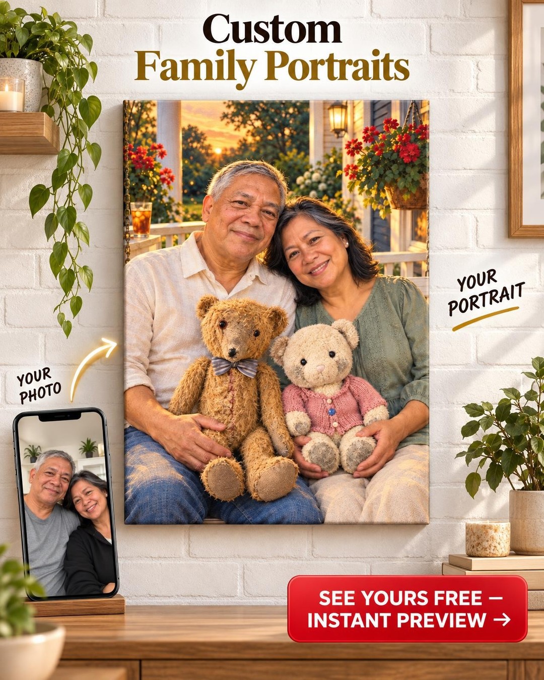 Two Bears Family Porch Swing Custom Portrait from Photo | Personalized Childhood Keepsake Gift