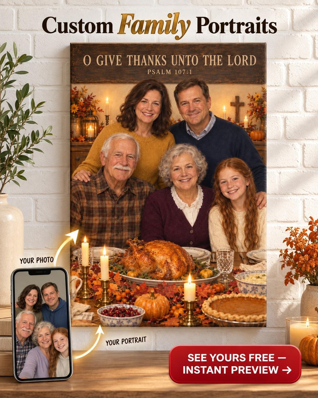 Thanksgiving Family Custom Portrait from Photo with Bible Verse | Personalized Faith Family Gift
