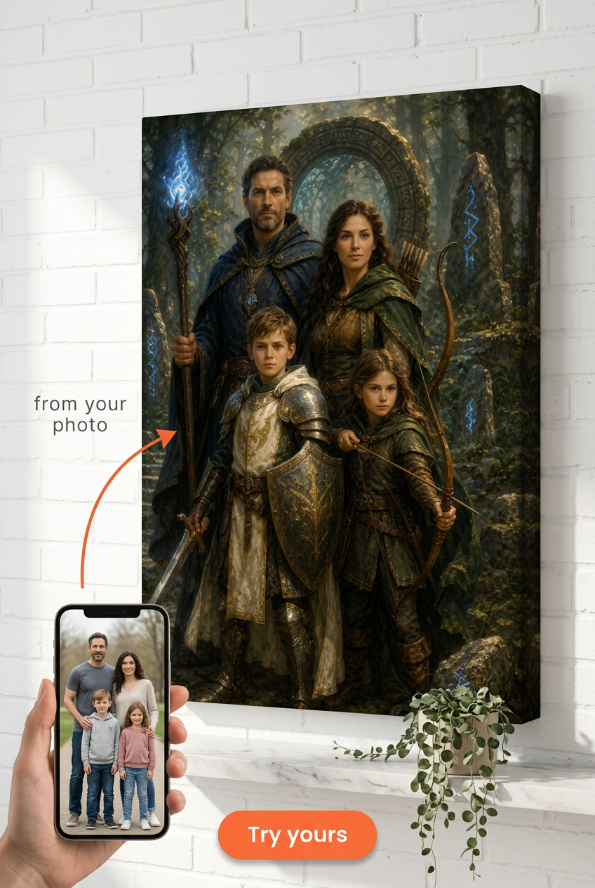 Custom Fantasy Family Portrait — Heroic Adventure Canvas from Photo