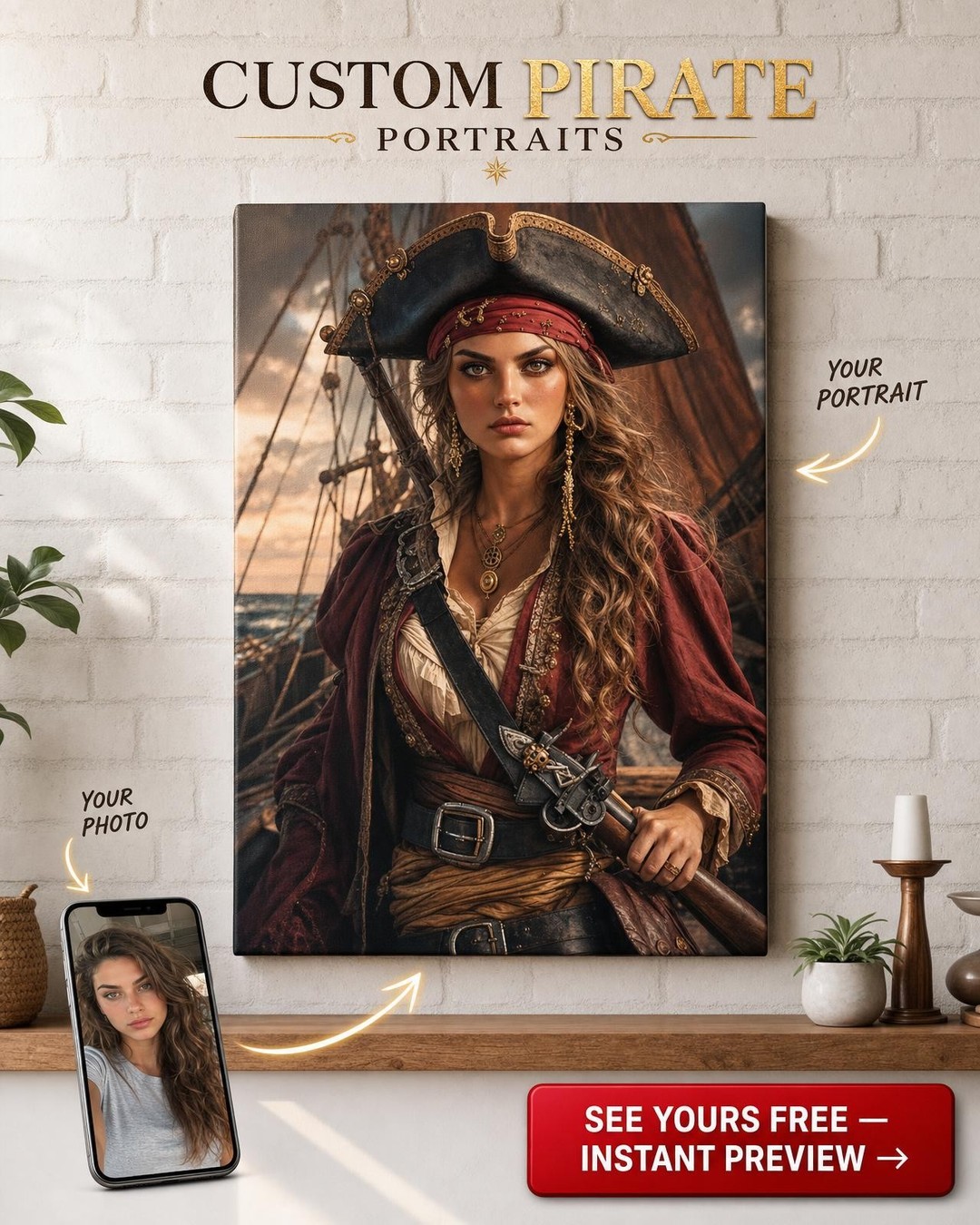 Custom Pirate Woman Portrait — Heroic Captain Canvas
