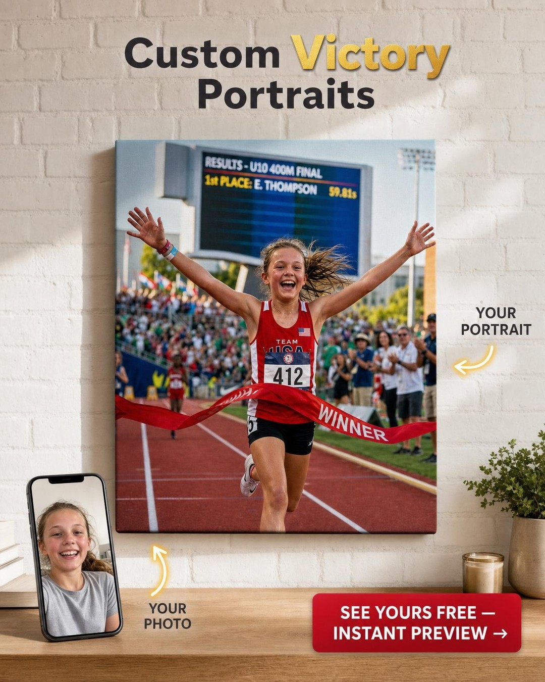 Custom Athlete Woman Portrait — Heroic Runner Canvas from Photo