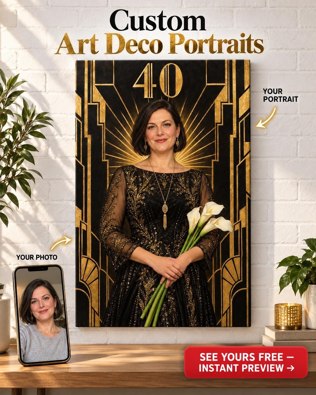 Art Deco Gala Birthday Custom Portrait from Photo | Milestone Birthday Gift