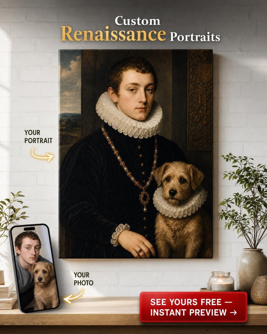 Custom Renaissance Single Man & Pet Portrait — Regal AI Art from Photo