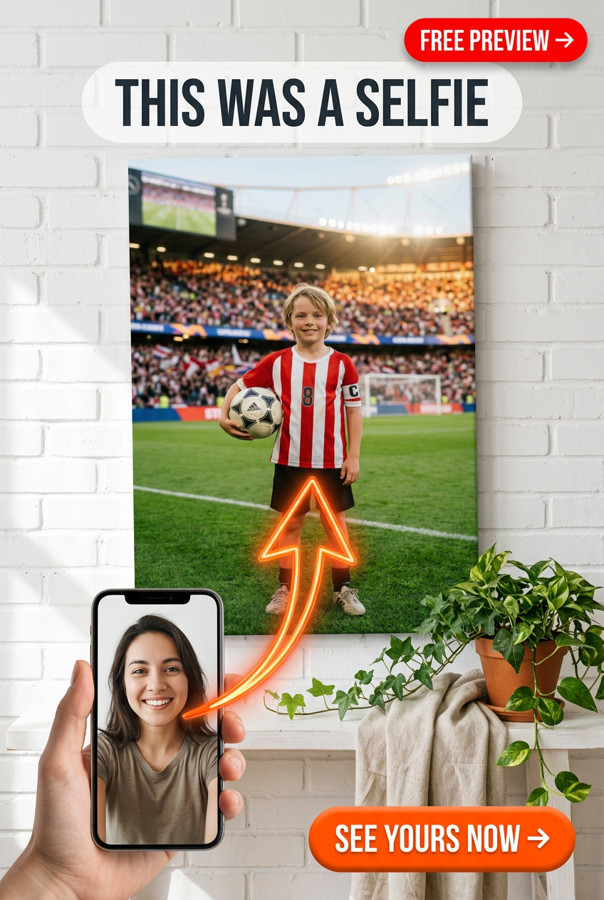 Custom Soccer Boy Portrait — Whimsical Stadium Canvas Art