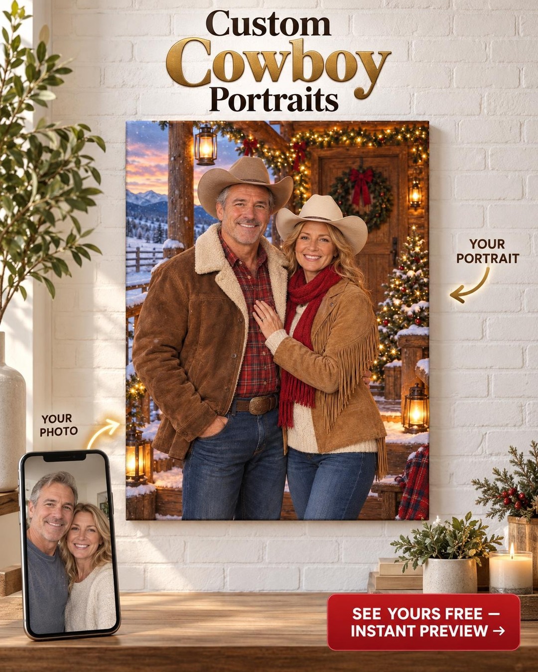 Custom Western Christmas Couple Portrait — Snowy Ranch Porch on Christmas Eve, Canvas from Photo