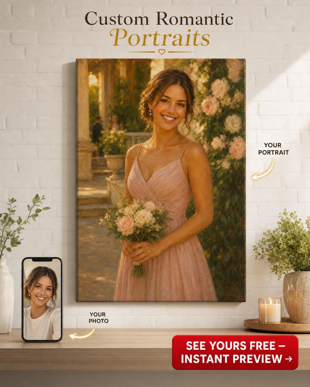 Bridesmaid Gift Portrait — Classic Garden — AI-regenerated portrait, fresh per o