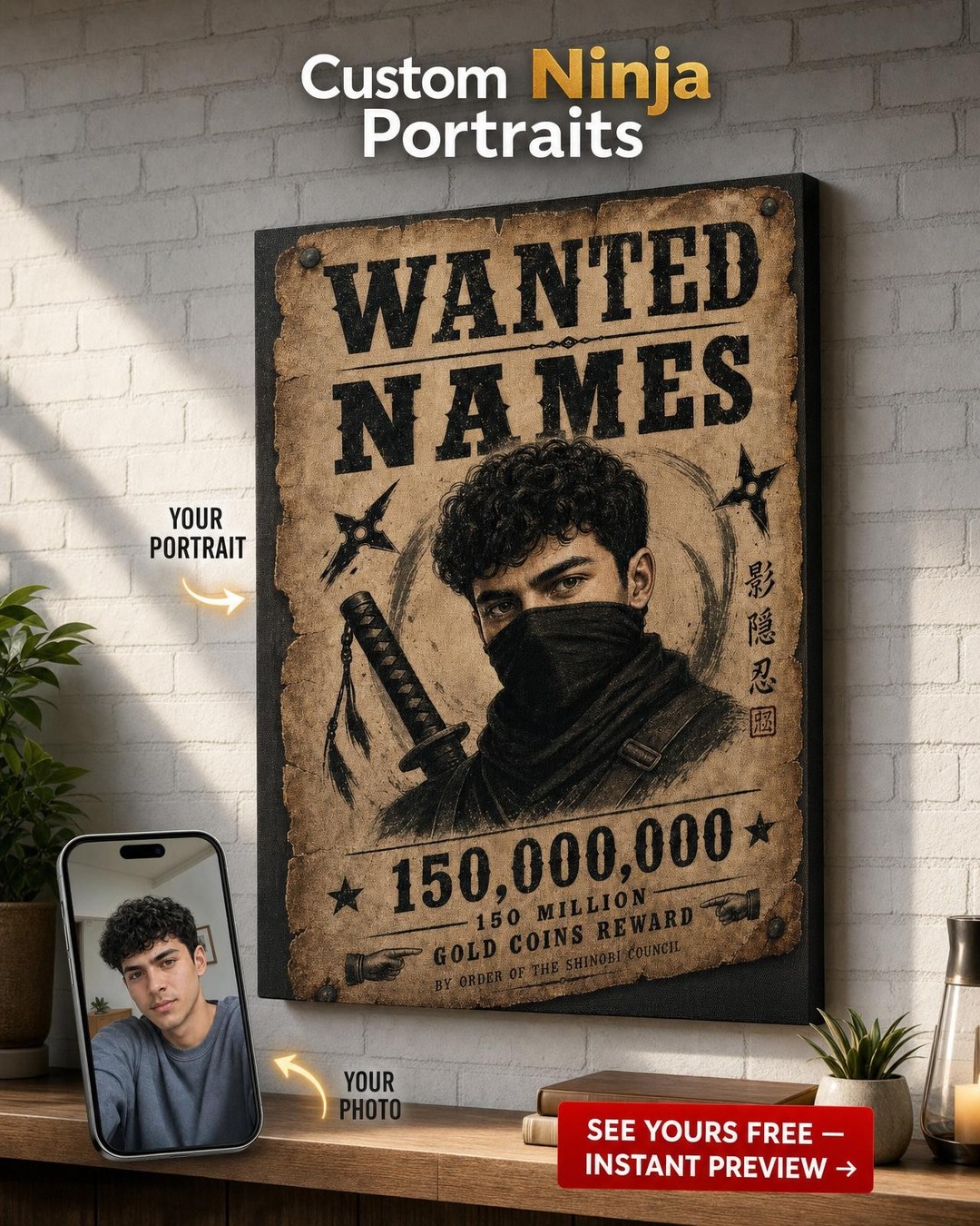 Ninja Bounty Wanted Poster Custom Portrait from Photo | Personalized Gift