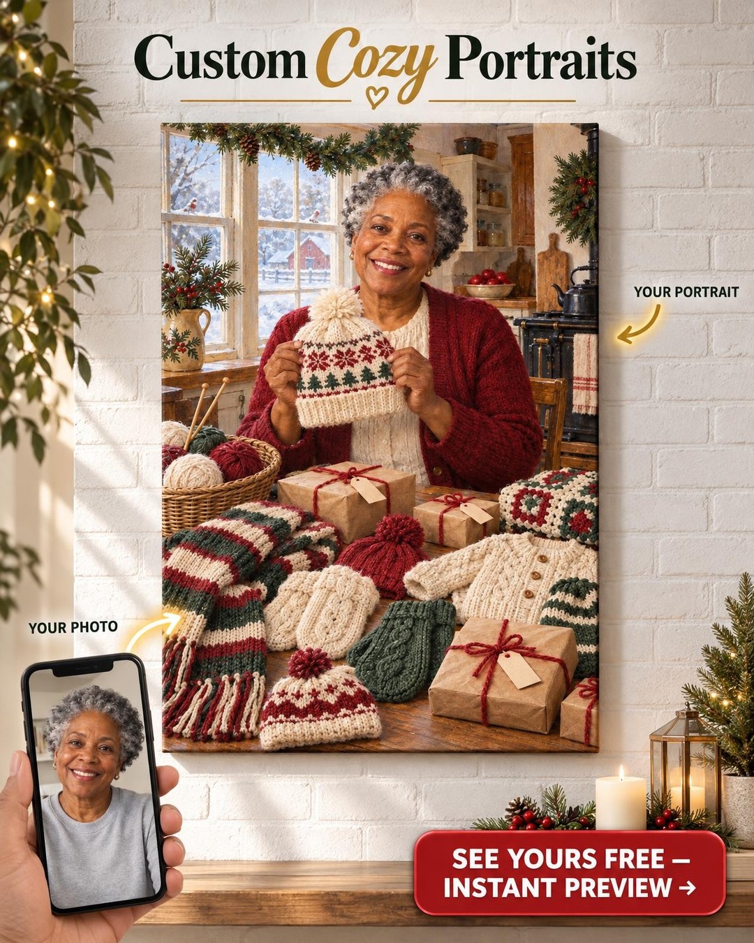 The Christmas Knitting Custom Portrait from Photo | Personalized Yarn Craft Gift