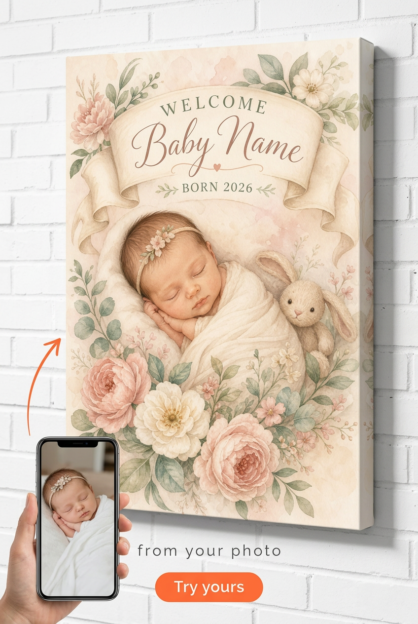 Gift for New Mom — Soft Floral Nursery Canvas from Photo
